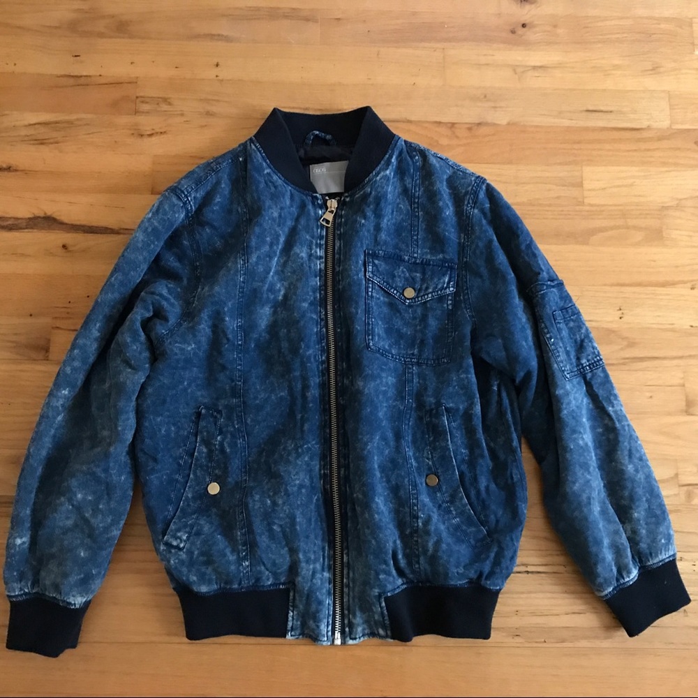 Denim print acid wash bomber